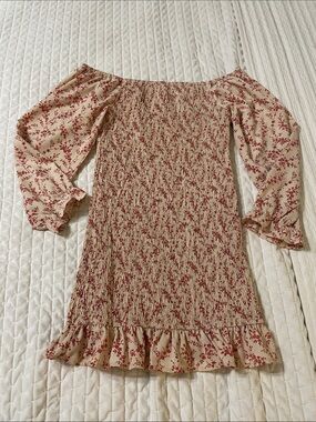Pink Lily Cream Off-Shoulder Floral Smocked Long-Sleeve Dress